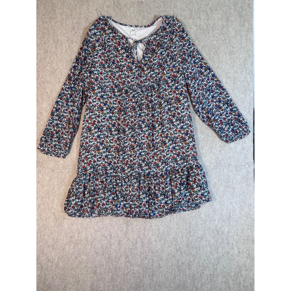 K173. J.Crew Cottagecore Floral Ruffle Hem Shift Dress Long Sleeve Large Twee
